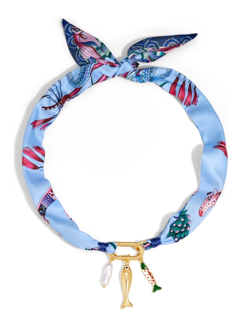 Coastal Satin Scarf Choker with Gold Fish Charms - Blue
